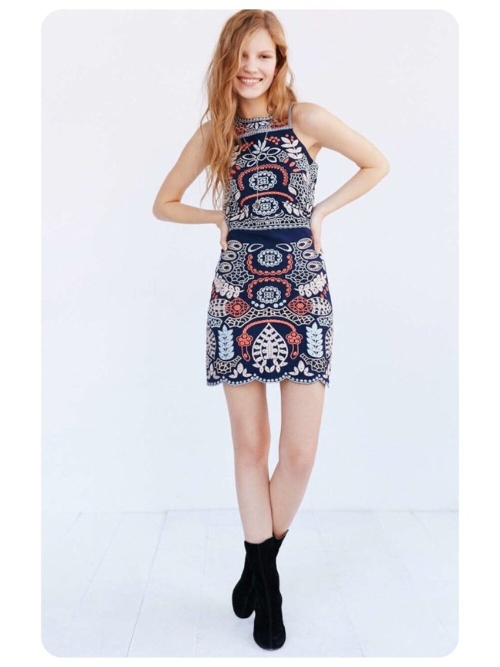 Urban Outfitters J.O.A. Navy  Floral Embroidered Sleeveless Tank Dress sz M